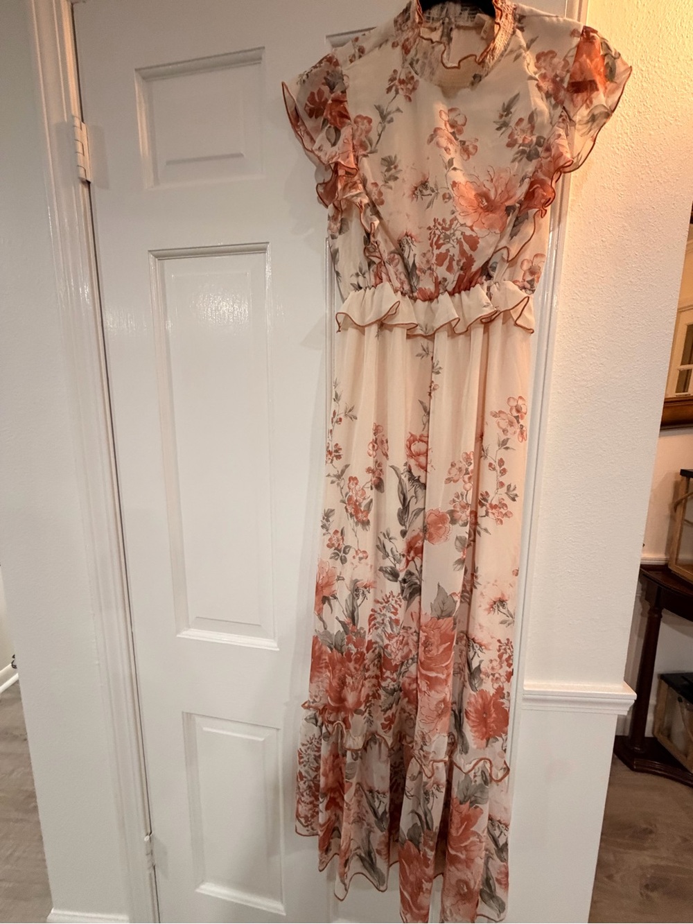 Cream Floral Maxi Dress with Rust Floral Accents